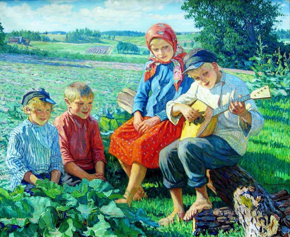 pequeño concierto con balalaika Nikolay Bogdanov Belsky niños impresionismo infantil Pintura al óleo